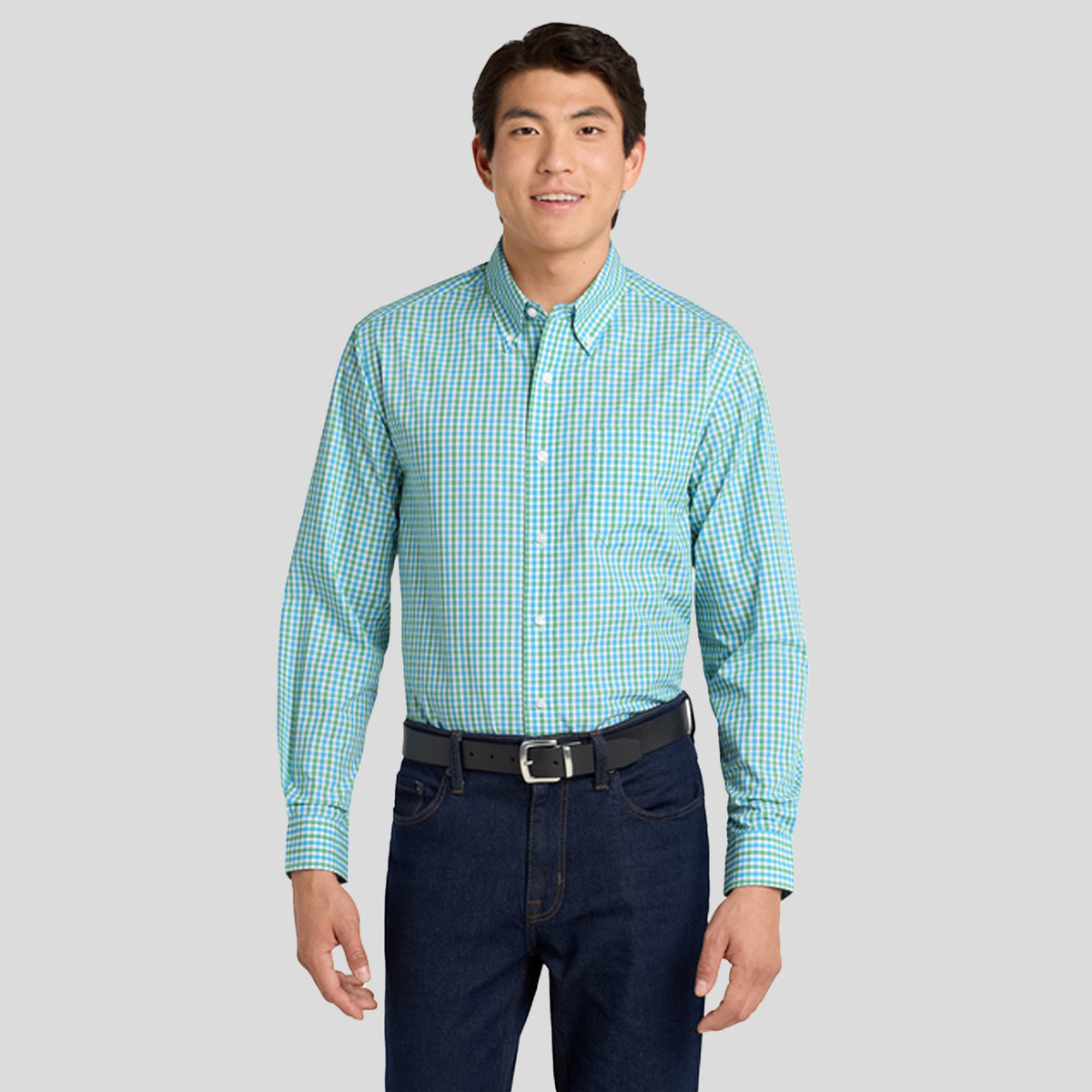 Long Sleeve Gingham Easy Care Shirt | Green/Aqua